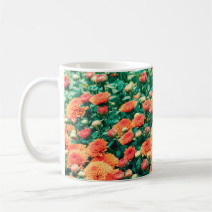 Blossoming flowers in a gardenautumn, background,  coffee mug