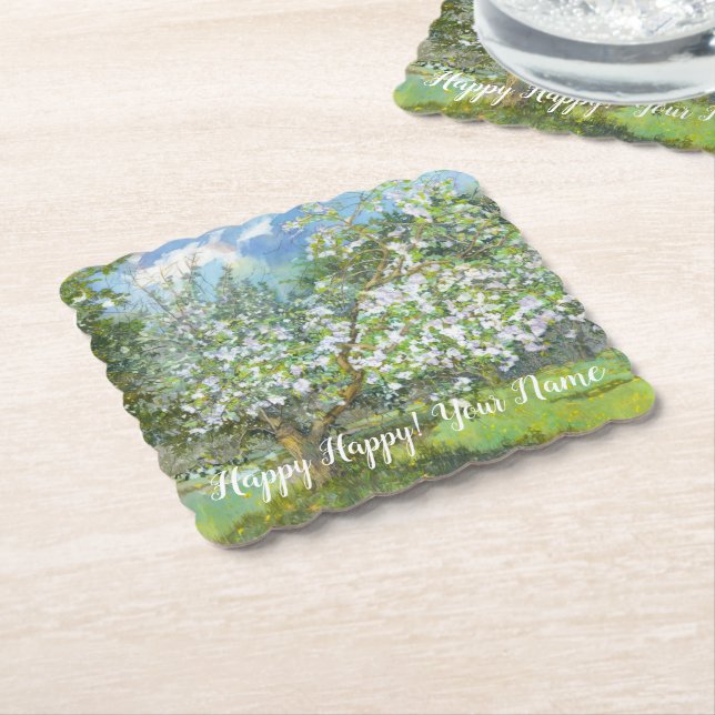 Blossoming garden  painting  watercolor  paper coaster (Angled)