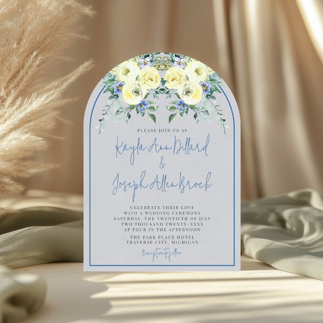 Blossoming Love Blue Yellow Floral Arch Wedding Invitation (Creator Uploaded)