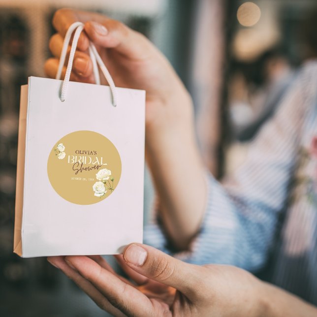 Blossoming Love with White Rose Bridal Shower Classic Round Sticker (Creator Uploaded)