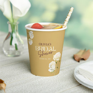 Blossoming Love with White Rose Bridal Shower Paper Cups