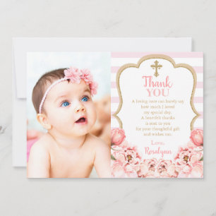 Blossoming Peonies Pink Blush & Gold Baptism Thank You Card