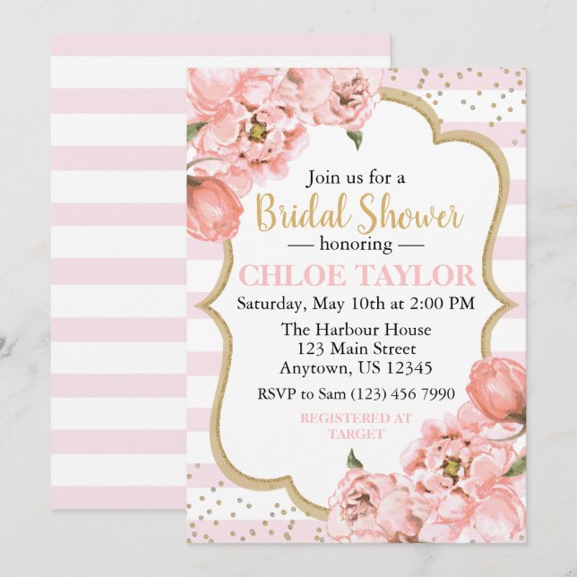 Blossoming Peonies Pink Blush & Gold Bridal Shower Invitation (Front/Back)