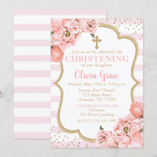 Blossoming Peonies Pink Blush & Gold Christening Invitation
