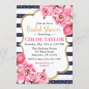 Blossoming Peonies Pink & Navy Bridal Shower Invitation