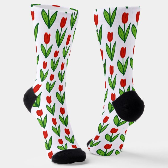 Blossoming red tulip flower pattern women's socks (Angled)