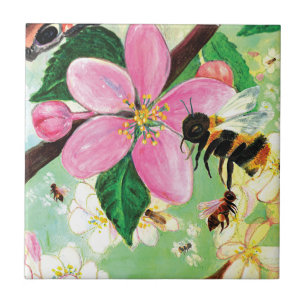 Blossoming Tree with Bees Illustration Tile