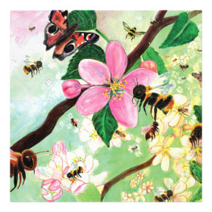 Blossoming Tree with Bees Wood Photo Print