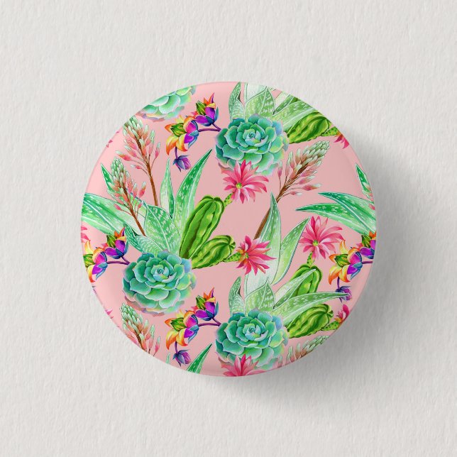 Blossoming Watercolor Succulents Pattern 3 Cm Round Badge (Front)