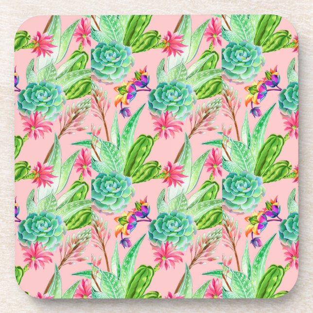Blossoming Watercolor Succulents Pattern Coaster (Front)