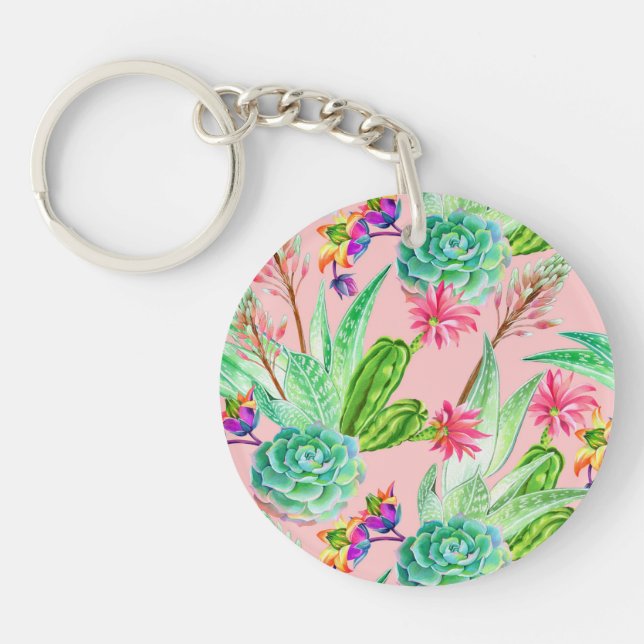 Blossoming Watercolor Succulents Pattern Key Ring (Front)