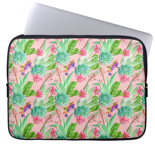 Blossoming Watercolor Succulents Pattern Laptop Sleeve (Front)