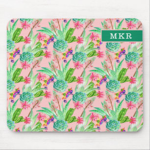 Blossoming Watercolor Succulents Pattern Mouse Mat