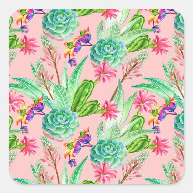 Blossoming Watercolor Succulents Pattern Square Sticker (Front)