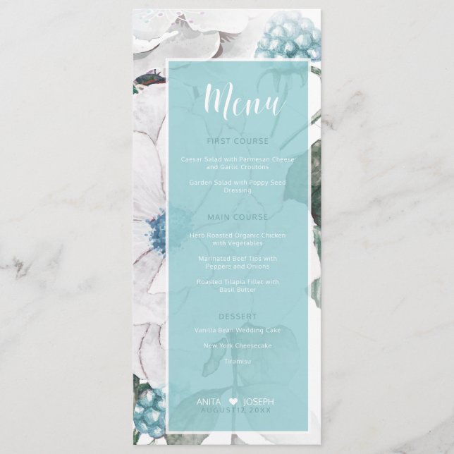 Blossoms and Berries Floral Menu Teal D476 (Front)