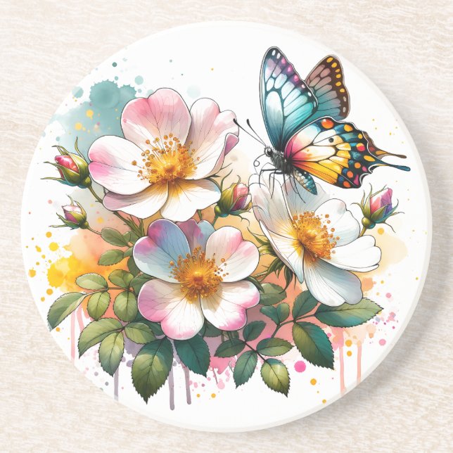 Blossoms & Butterflies Sandstone Coaster (Front)