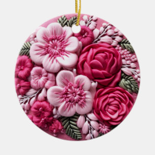 Blossoms in Bloom: Pink Embroidery Art Ceramic Tree Decoration