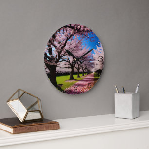 "Blossoms in Bloom: Rows of Cherry Trees in Spring Large Clock