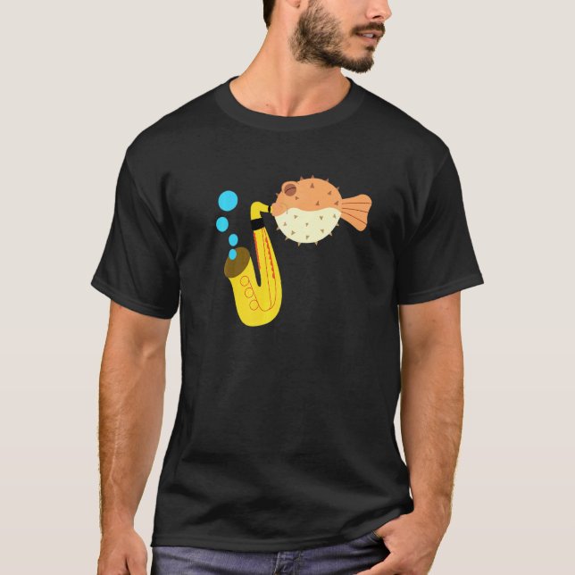 Blow Fish Playing Saxophone Music Novelty T-Shirt (Front)
