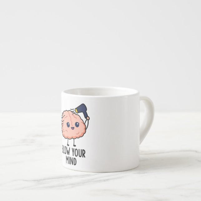 Blow Your Mind Sticker –Cute Brain with Hair Dryer Espresso Cup (Front Right)