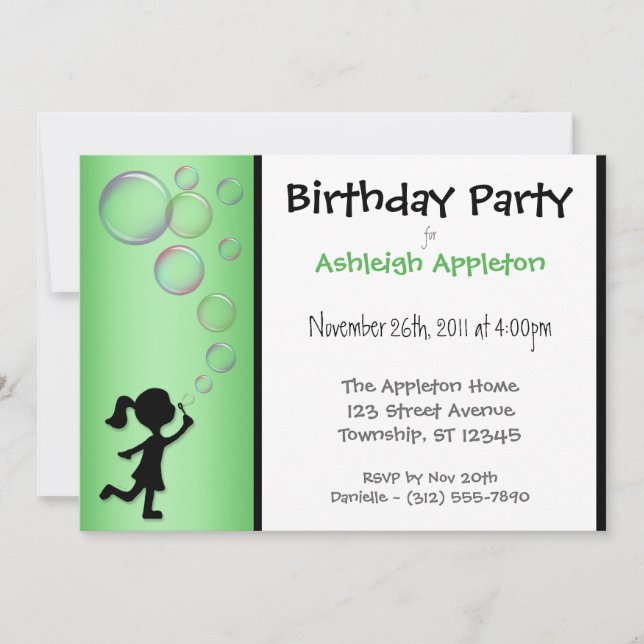 Blowing Bubbles Green Birthday Invitations (Front)