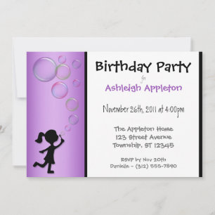 Blowing Bubbles Purple Birthday Invitations