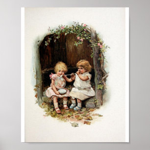 Blowing Bubbles Vintage Girls Poster