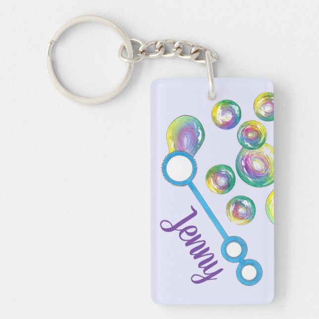 Blowing Rainbow Soap Bubble Wand Personalised Key Ring (Front)