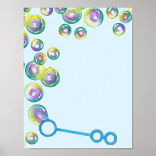 Blowing Rainbow Soap Bubbles Bubble Wand Blue Poster