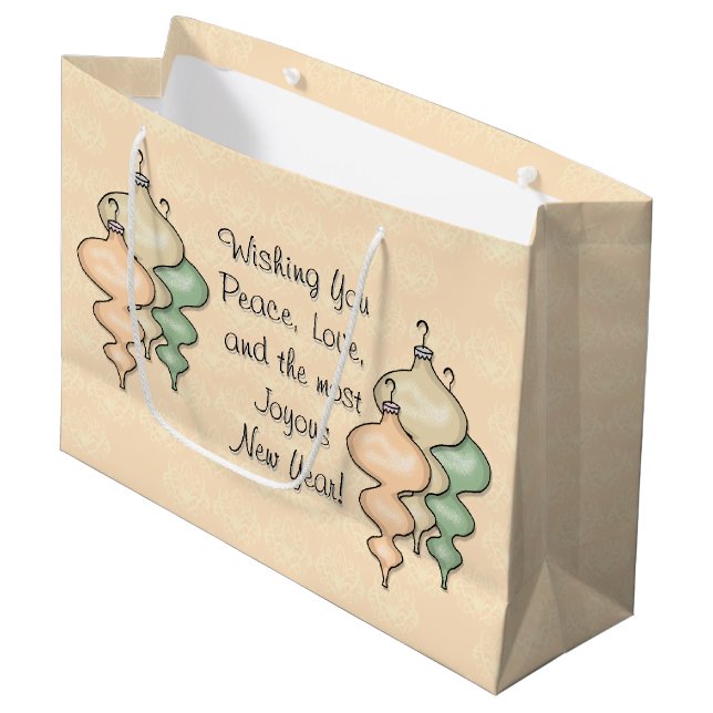 Blown Glass Ornaments on Pale Peach Damask Large Gift Bag (Front Angled)