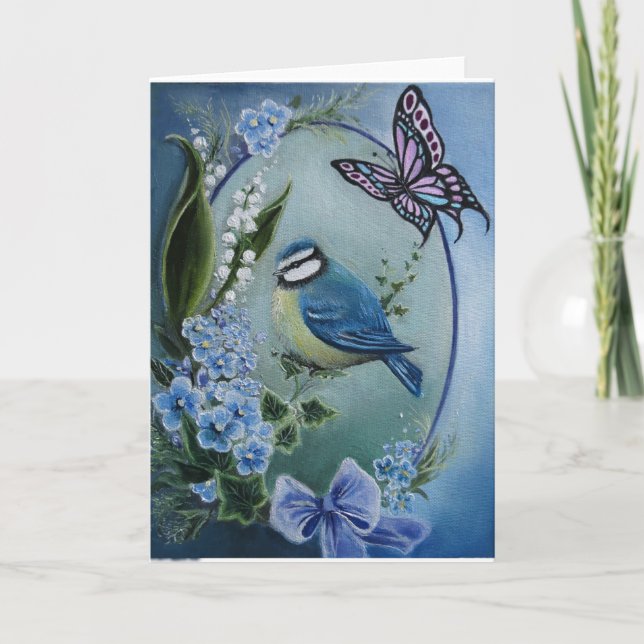 Blu bird on forget me not flowers greeting card (Front)