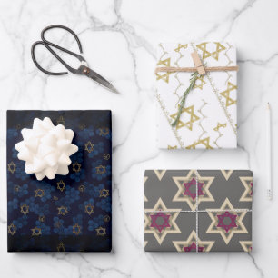 Blu, Grey, Gold Star of David Wrapping Paper 