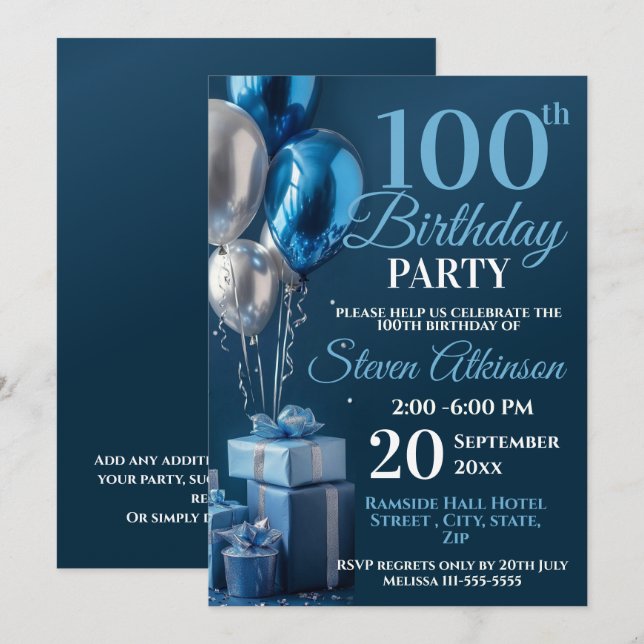 Blue 100th Birthday Balloon Gifts Invitation (Front/Back)