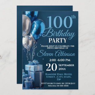 Blue 100th Birthday Balloon Gifts Invitation