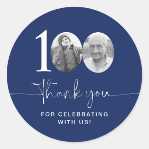 Blue 100th Birthday Thank You Classic Round Sticker