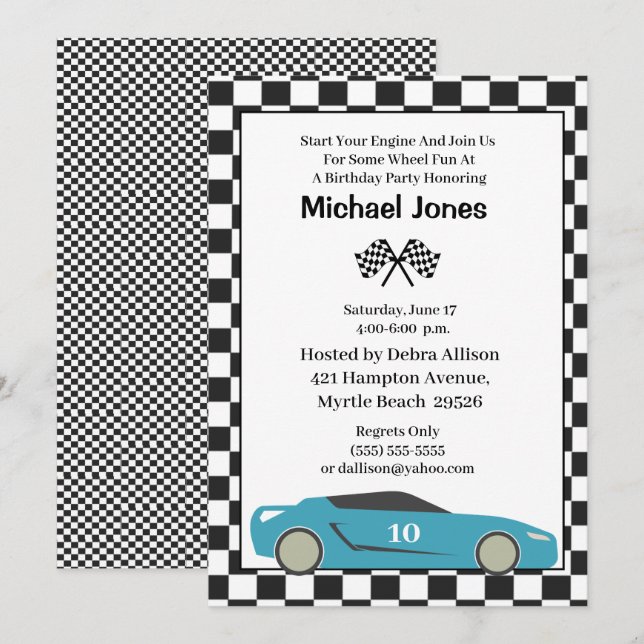 Blue 10th Birthday Race Car Invitation (Front/Back)