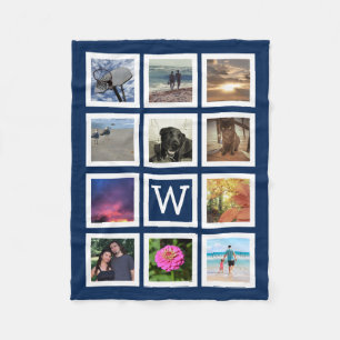 Blue 11 Photo Collage Mosaic Square Frame Monogram Fleece Blanket