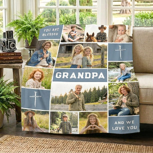 Blue 12 Photo Custom Grandpa Name Faith Legacy Fleece Blanket