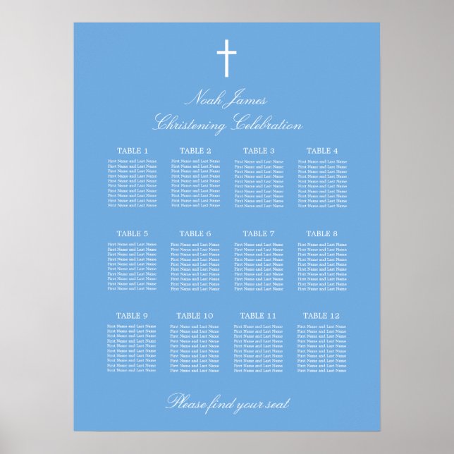 Blue 12 Table Christening Seating Chart Poster (Front)