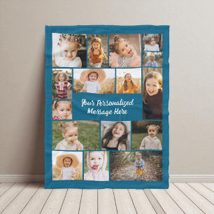 Blue 16 Photo Collage Modern Personalised Custom Fleece Blanket