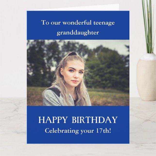 Blue 17th Birthday Photo card granddaughter teen (Front)