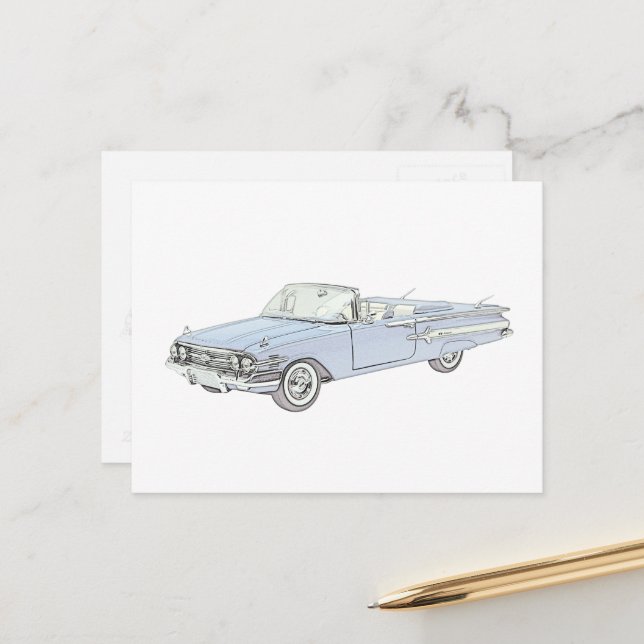 Blue 1960 Chevy Impala Convertible Pencil Drawing Postcard (Front/Back In Situ)