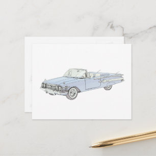 Blue 1960 Chevy Impala Convertible Pencil Drawing Postcard