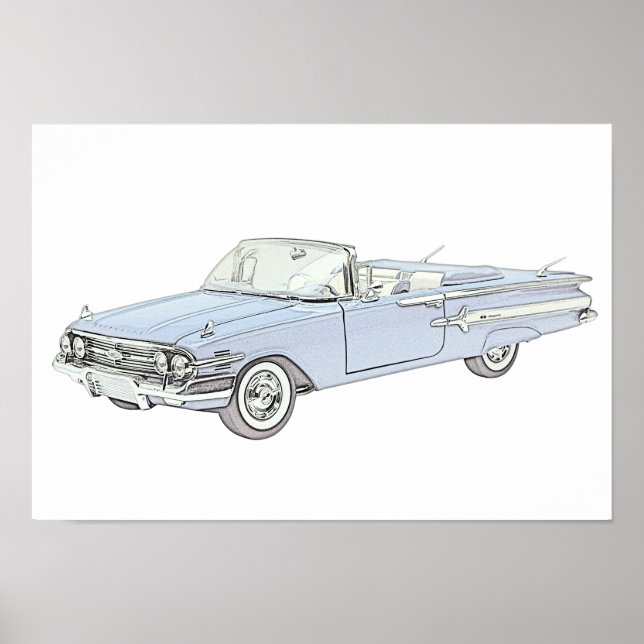 Blue 1960 Chevy Impala Convertible Pencil Drawing Poster (Front)