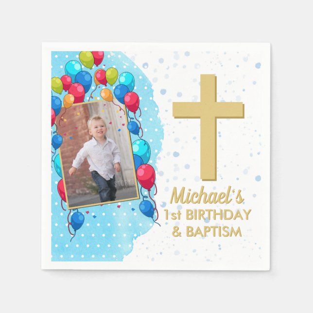 Blue 1st Birthday Baptism Gold Text Photo Cross Napkin (Front)