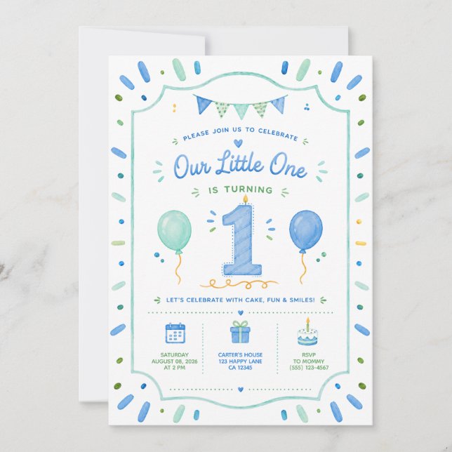 Blue 1st Birthday Boy Invitation (Front)