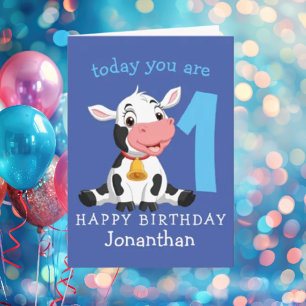 Blue 1st Birthday Cow Card