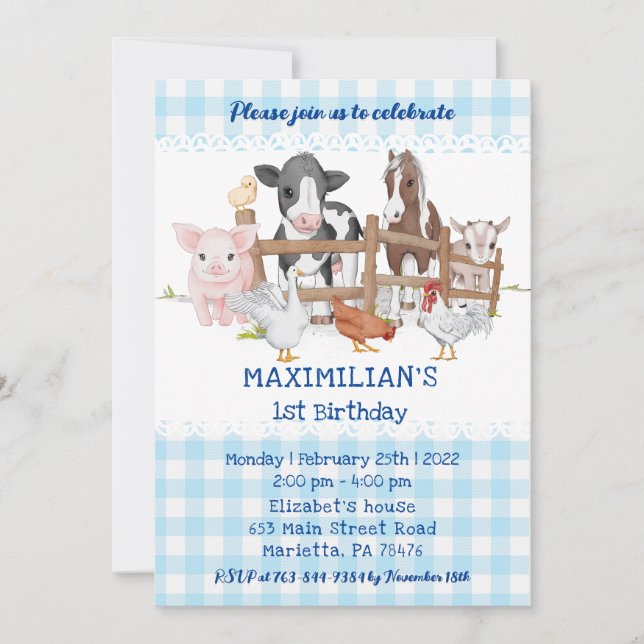  Blue 1st Birthday Farm Animals Barnyard Fun Kids Invitation (Front)