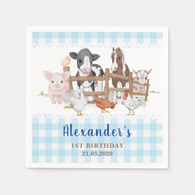 Blue 1st Birthday Farm Animals Barnyard Kids Napkin (Front)