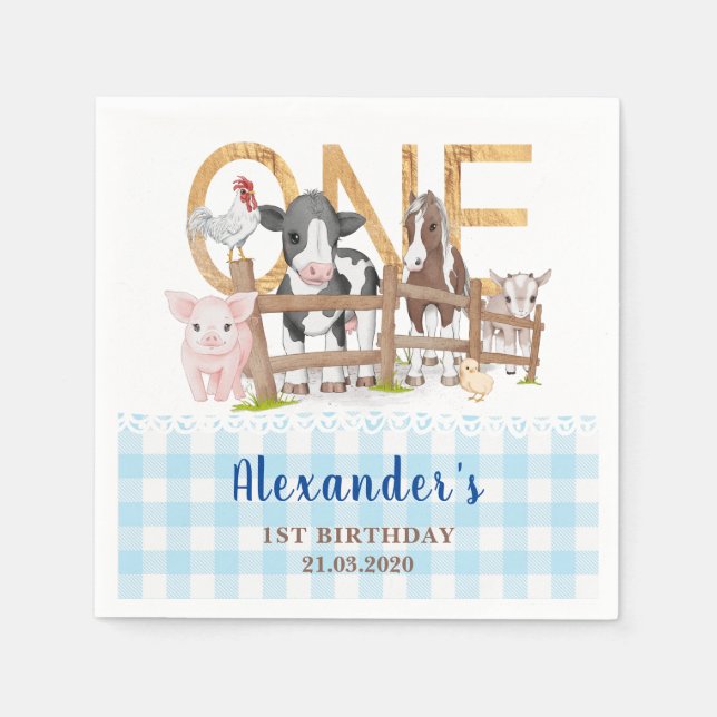 Blue 1st Birthday Farm Animals Barnyard Kids Napkin (Front)